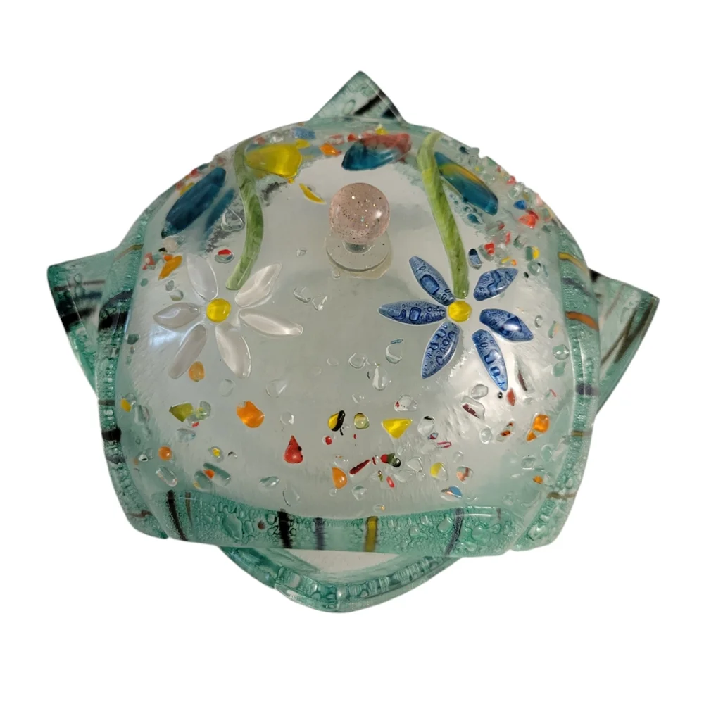 Hand Crafted Fused Glass Trinket Box Floral Multicolored